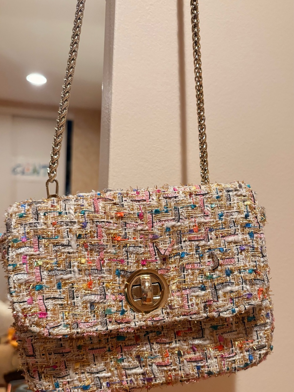 Multicolor Tweed Chain Crossbody Bag with Gold-Tone Turn Lock
